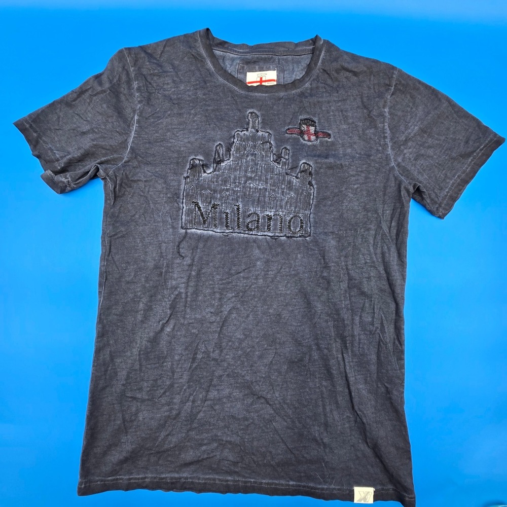 Xi-Milano Duomo‎ Embroidery Graphic T-Shirt Blue Acid Wash Men's Size M NEW